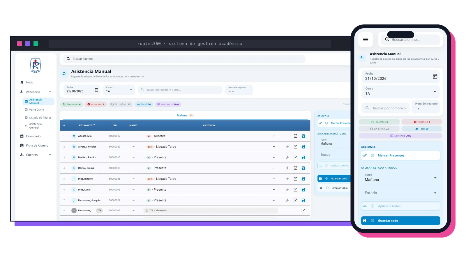 Robles 360 – toma de asistencia en desktop y celular